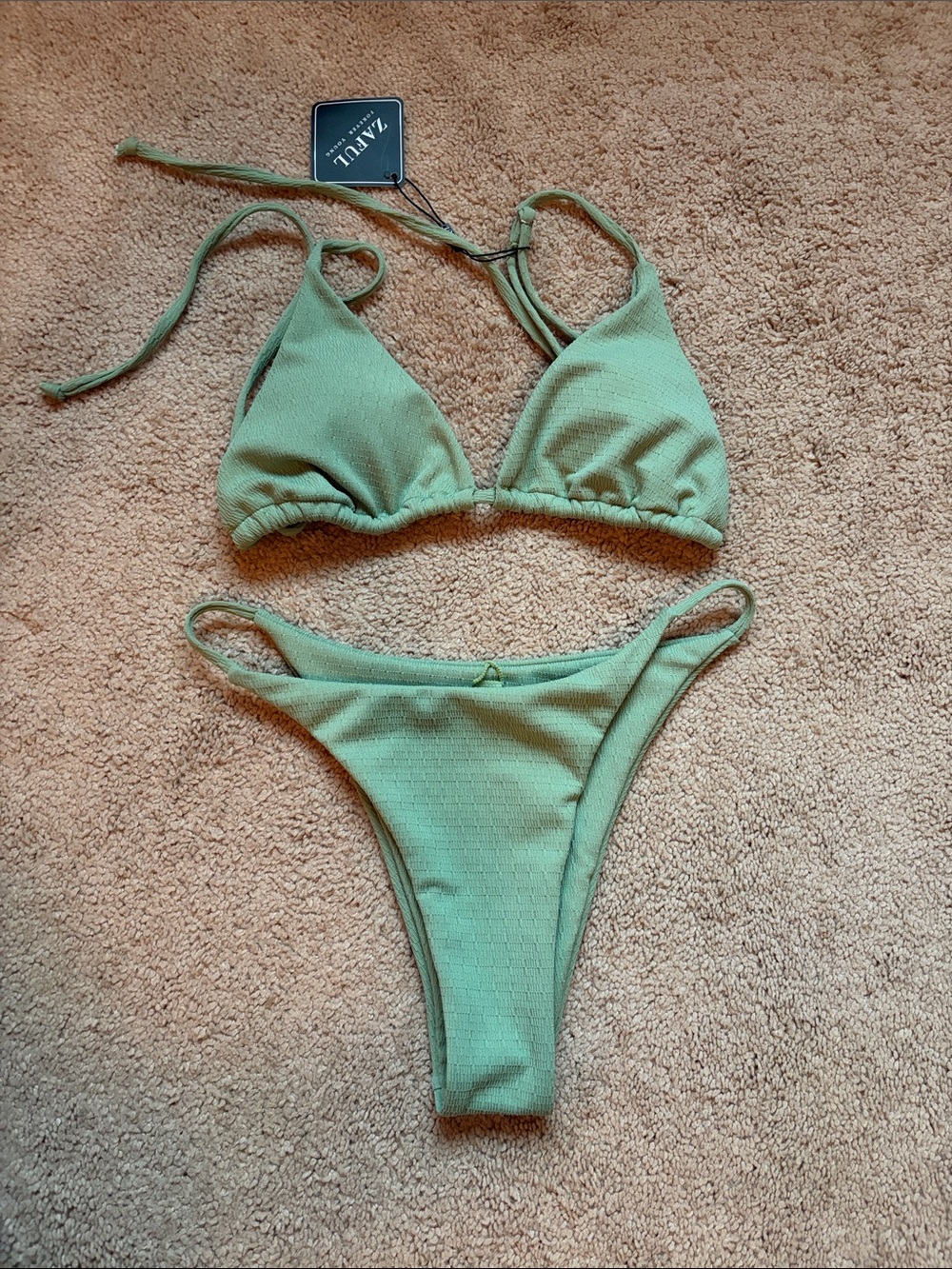 Zaful Sage Green Ribbed Triangle Bikini Set